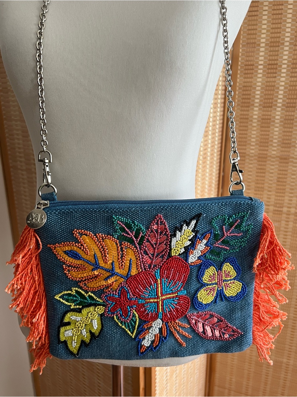 Embroidered Blue Floral Crossbody Bag with Orange Fringe
